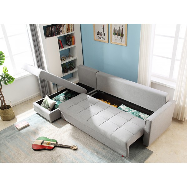 Folding Lazy Sofa Chair 4 Seater with 3 Pillows Iron Durable Frame Convertible Easily Stylish Sofa Couch Beds Corner Sofa Bed with Storage Function